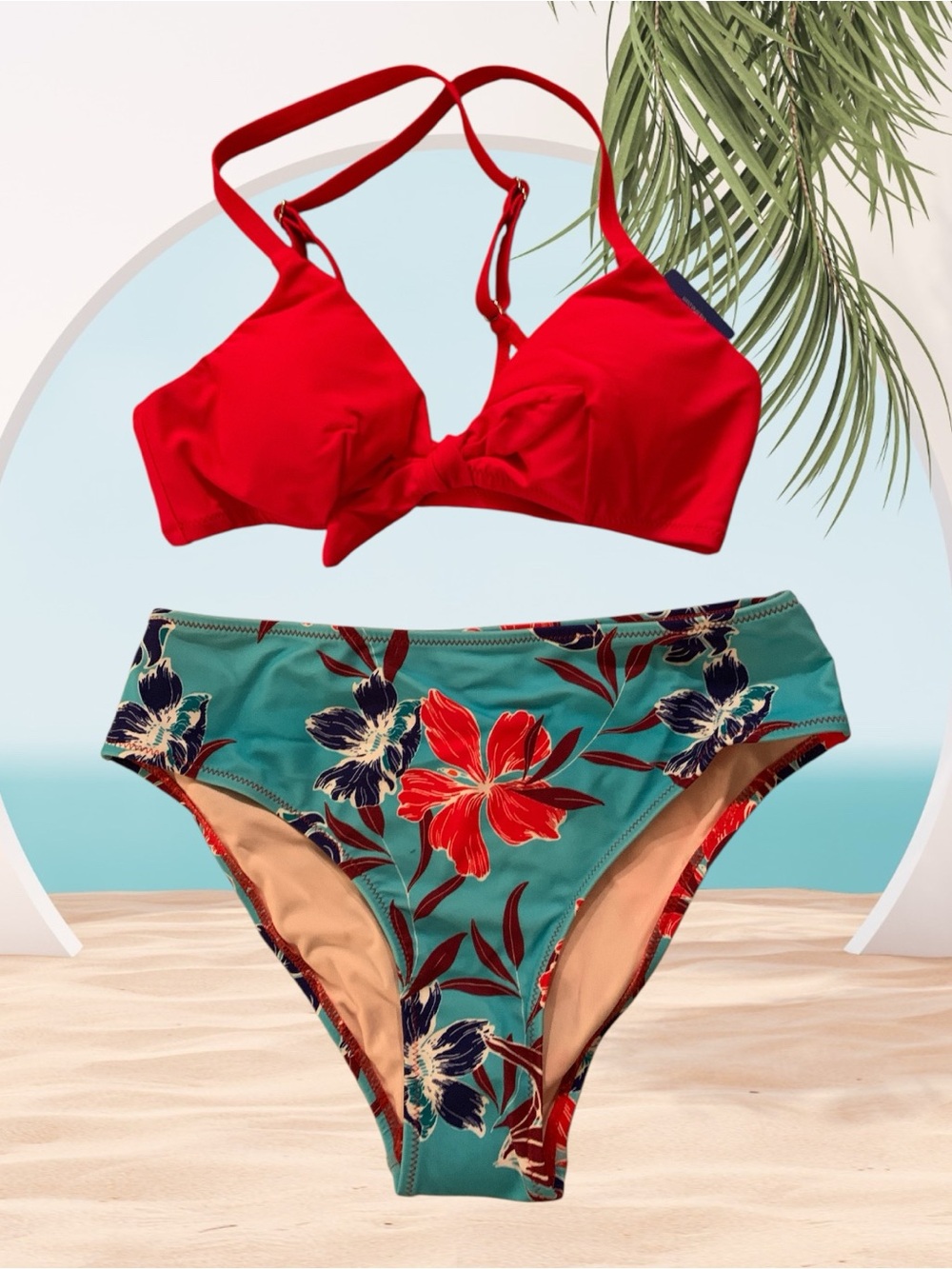 Cupshe Red Bikini Top with Teal Floral High-Waist Bottom - Women